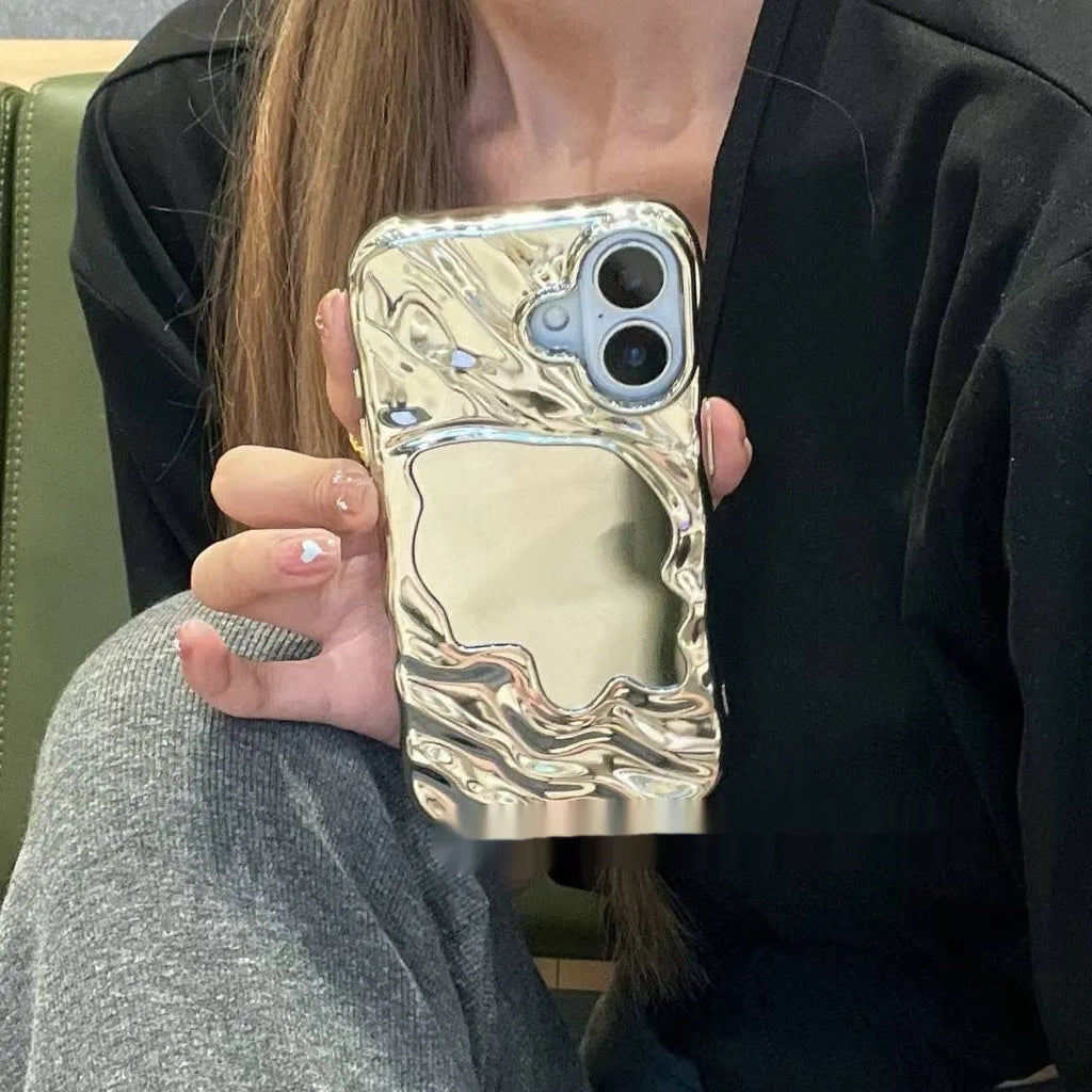 Beige iPhone case with a water ripple texture and a mirrored strip on the back.