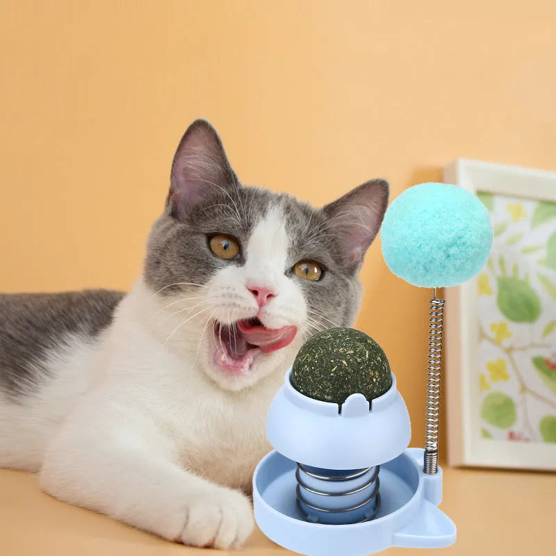 Blue lucky cat mint ball toy with sound module for feline play and hairball management