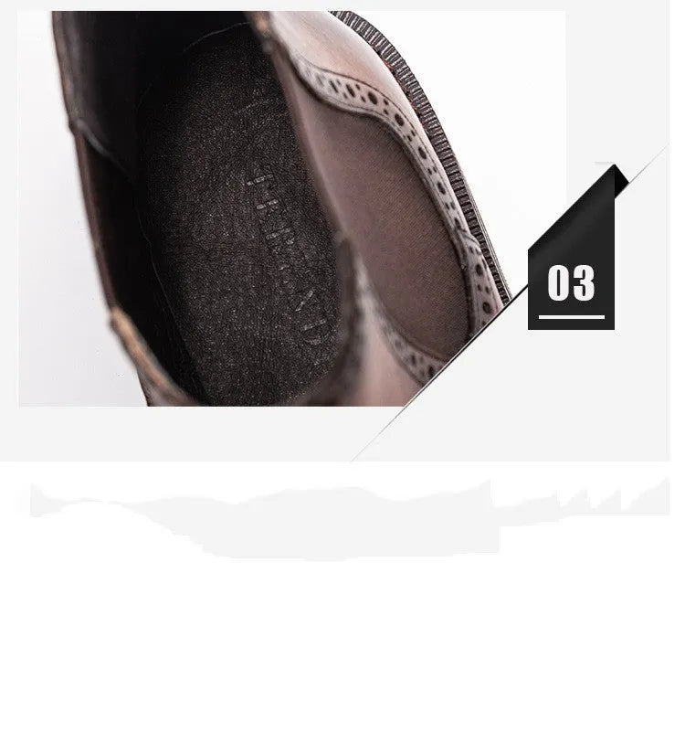 Men's black Chelsea boots with brogue carved genuine leather upper and rubber sole, side view