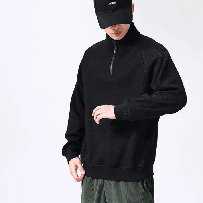 Men's stand-collar fleece sweatshirt in army green with long sleeves, front view