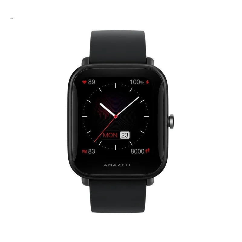 Pine green smart watch with silicone strap on wrist, showing blood oxygen stats on colour screen