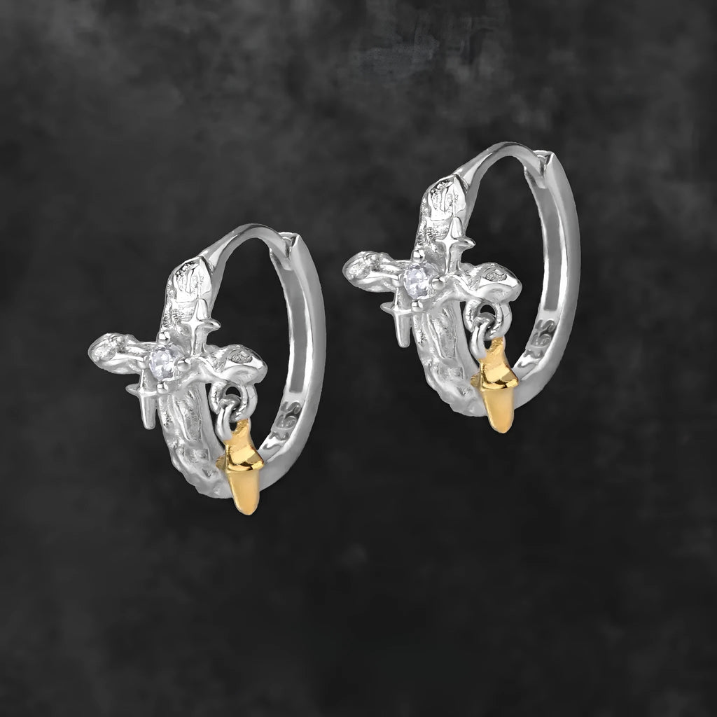 Pair of 925 sterling silver geometric cross earrings with white gold colour electroplated finish.