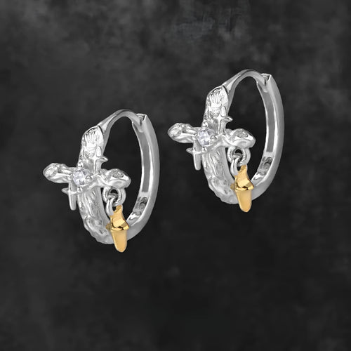 Pair of 925 sterling silver geometric cross earrings with white gold colour electroplated finish.