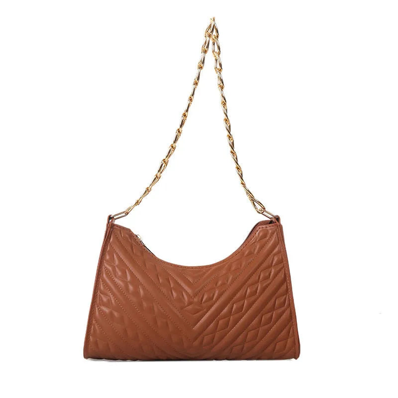 Black PU leather pleated square baguette bag with chain shoulder strap and top handle.