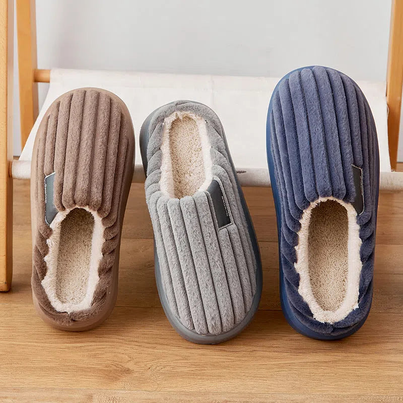 Warm plus-size men's slippers with plush upper, striped pattern, coffee brown colour