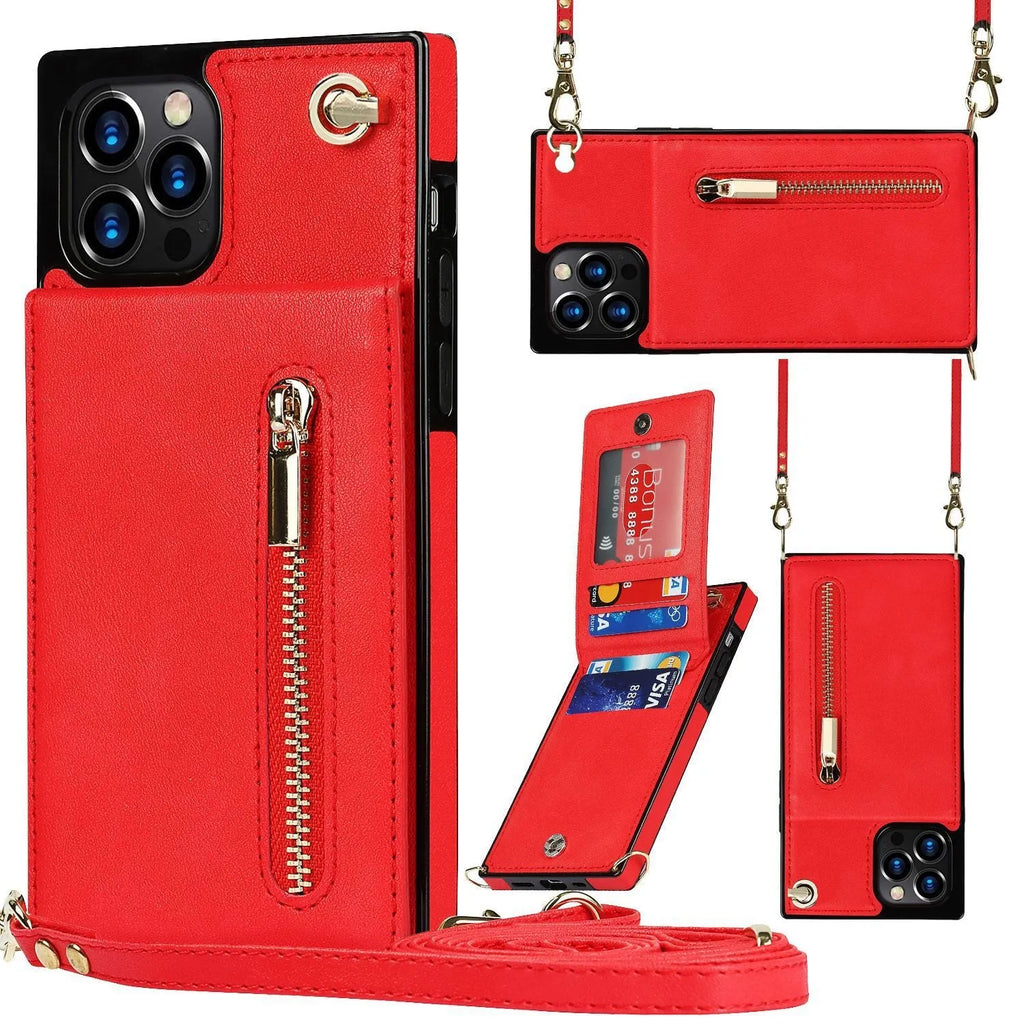 Leather and TPU messenger-style protective case for mobile phone in solid colour.