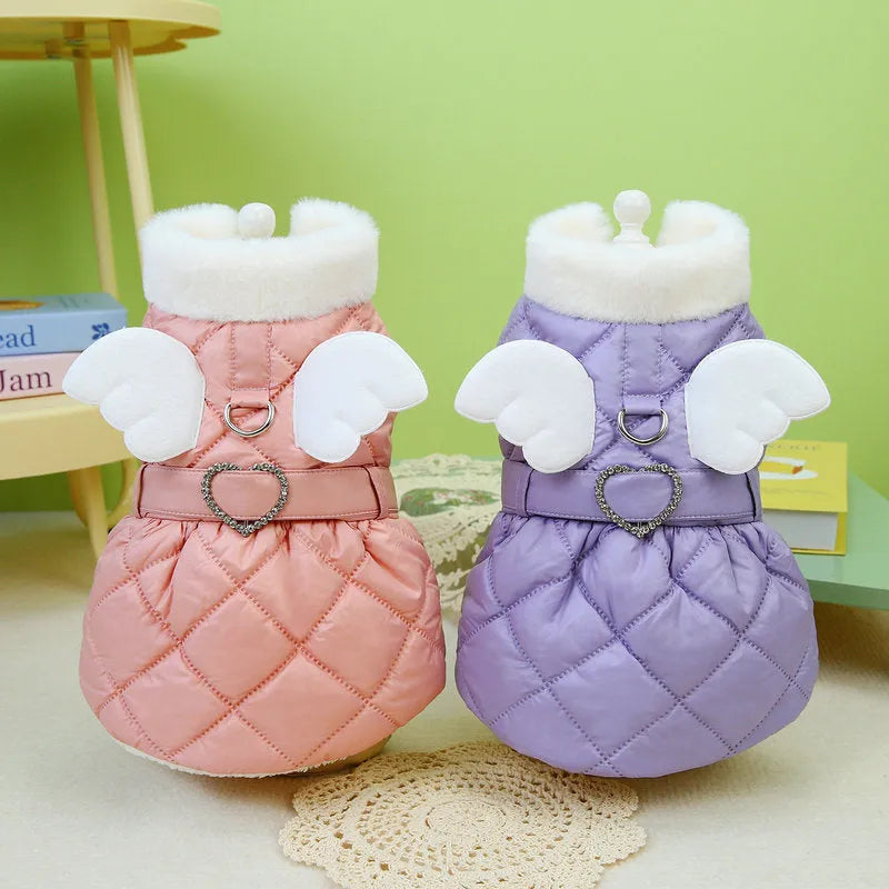 Small dog wearing pink or purple thickened cotton-style skirt - pet clothing in sizes XS to XL