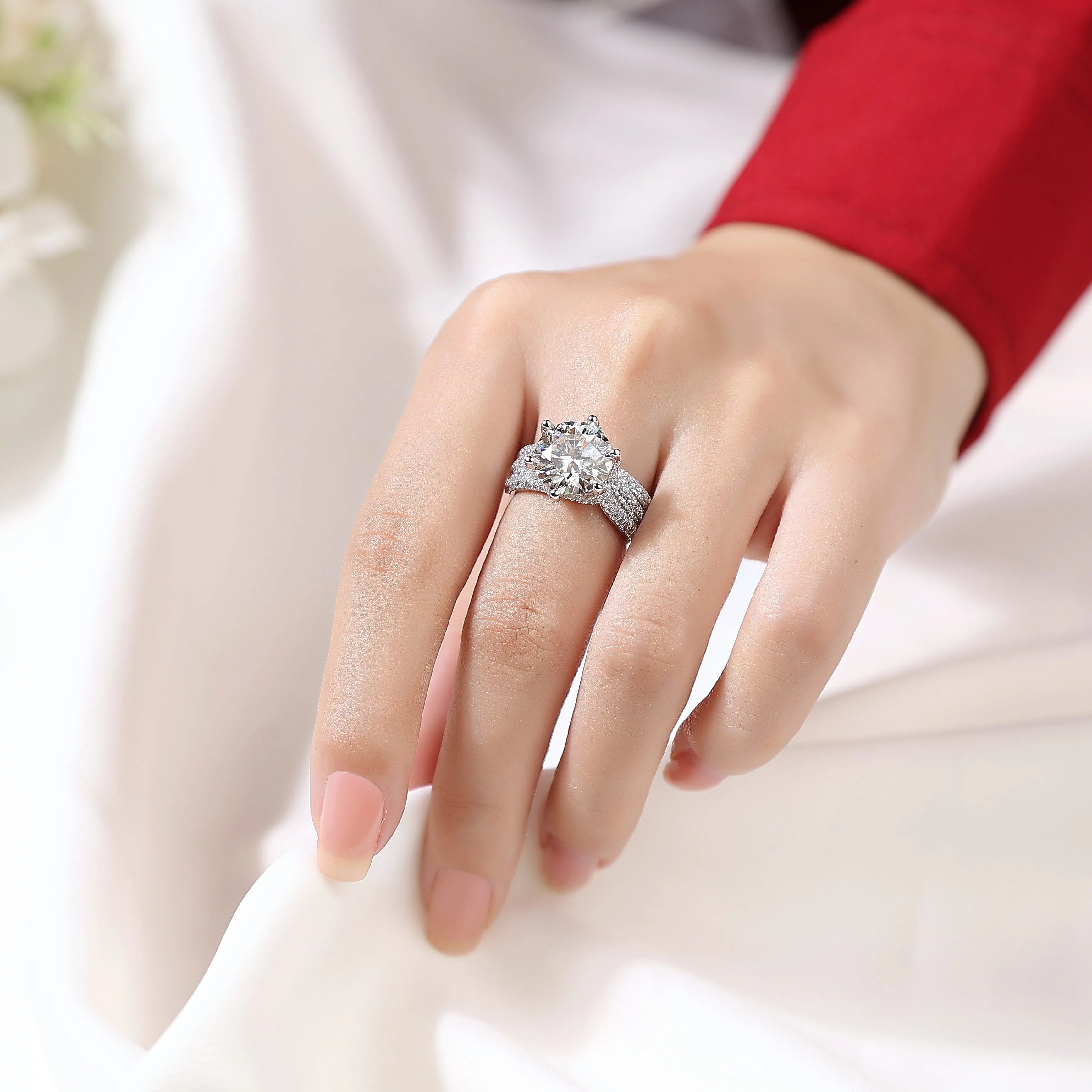 Eternal Vow wedding ring set with 5-carat moissanite in platinum-plated S925 silver band with gift box and GRA certificate