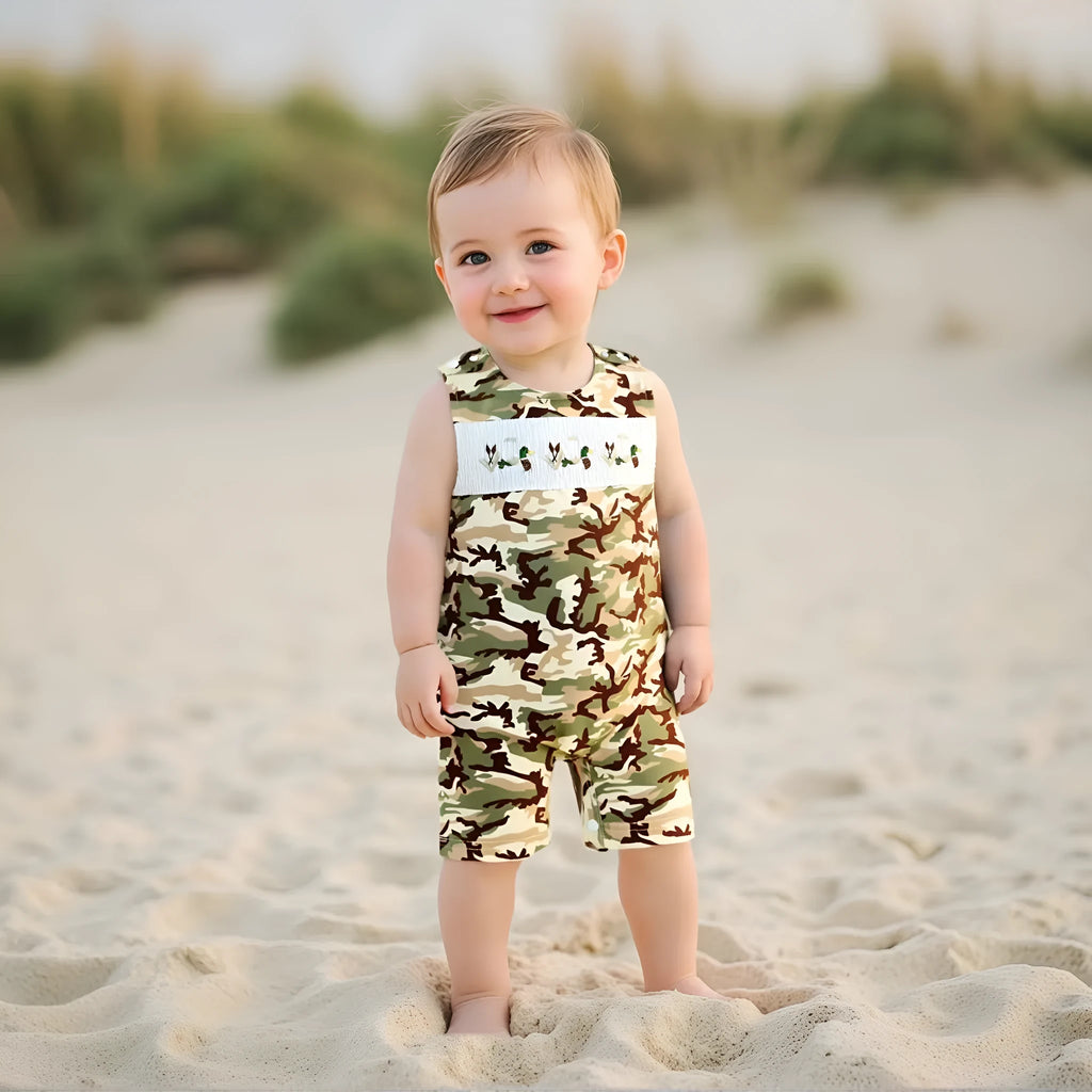 Infant toddler sleeveless duck embroidered romper in cotton knitted fabric, long sleeves, two colour options, front view.