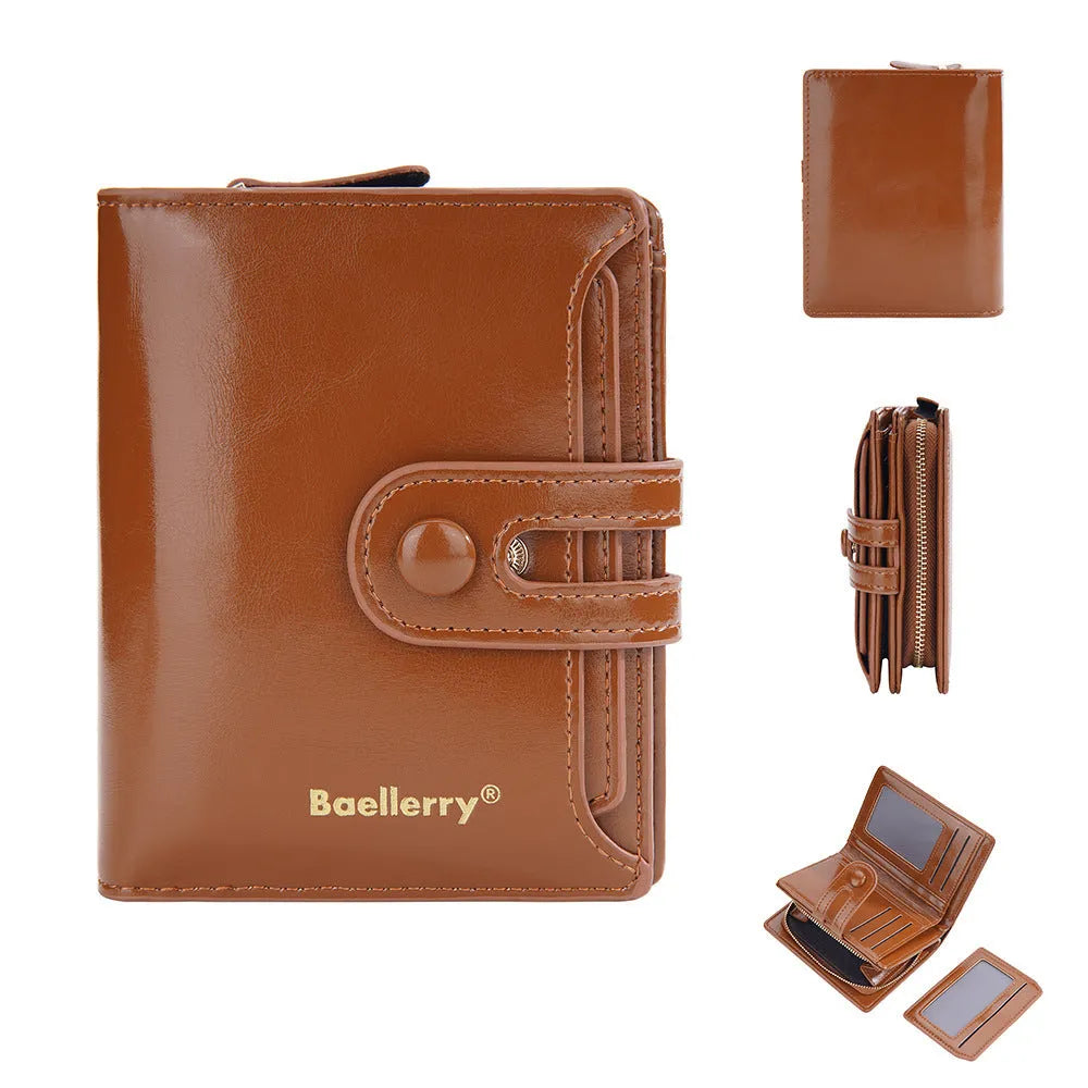 PU leather women's card holder wallet open showing polyester lining, displayed in multiple colour options.