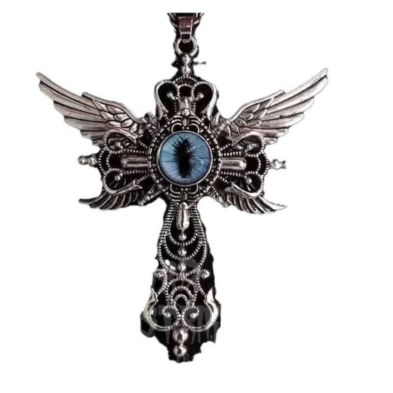 Geometric devil wings and cross alloy pendant necklace on a chain in blue, green, purple, red, yellow.