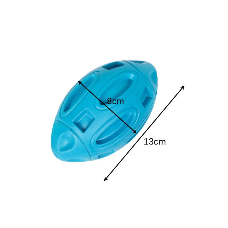 Blue, green, and orange natural rubber squeaky dog chew ball with grooved surface.