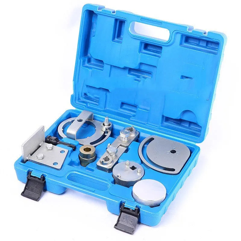Volvo engine timing special tool set with carbon steel construction, 8 pieces including timing tool.