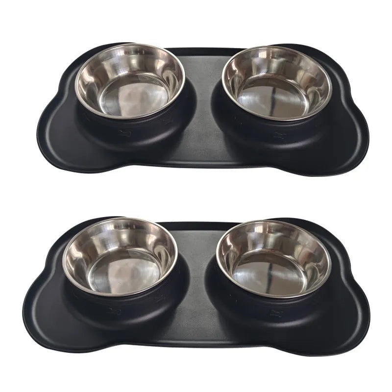 Silicone double compartment dog bowl with stainless steel inserts in blue colour