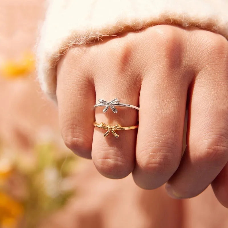 S925 sterling silver bow open ring with adjustable opening in silver finish