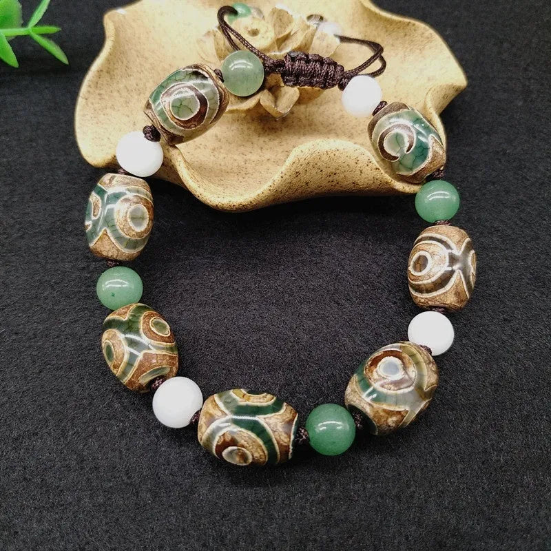 Green agate Tibet beads bracelet with hand-woven ethnic style and geometric patterns