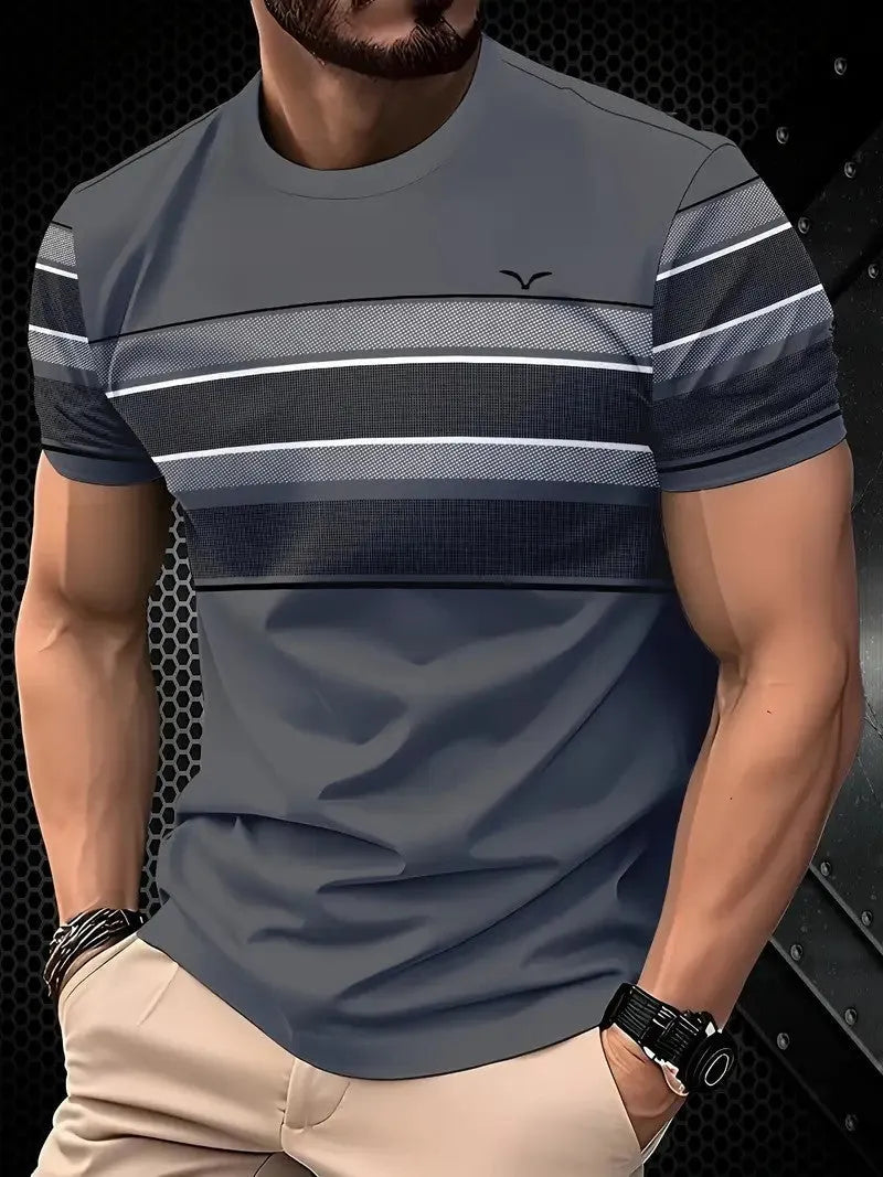 Men's loose fit short sleeve T-shirt in polyester fabric showing colour options including black, dark red, grey and white