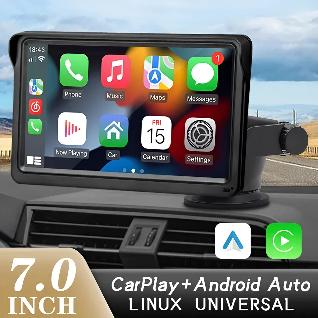 7-inch car display screen showing wireless CarPlay interface with 1024x600 HD resolution