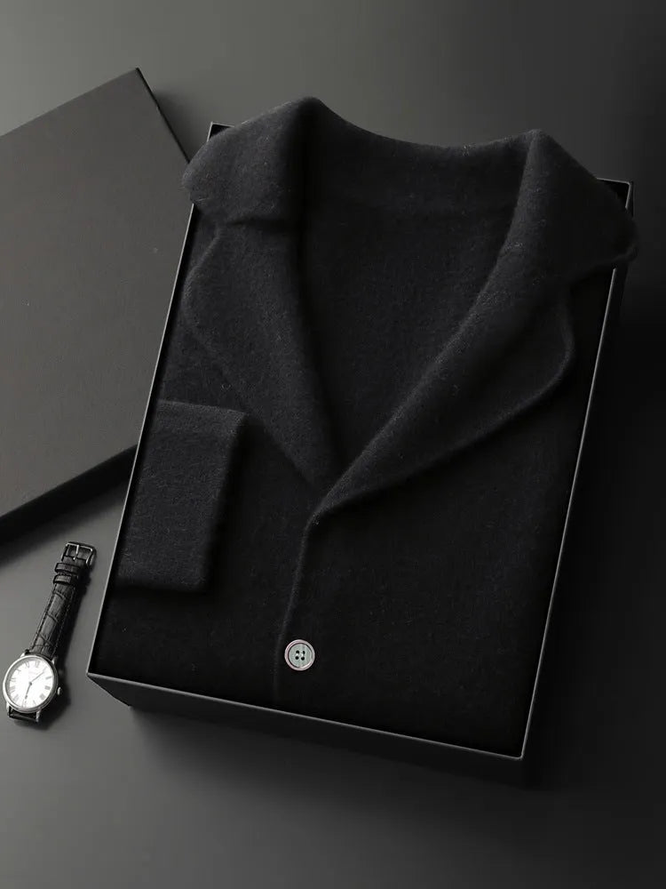 Men's loose fit cashmere-blend cardigan jacket in thickened construction showing colour options