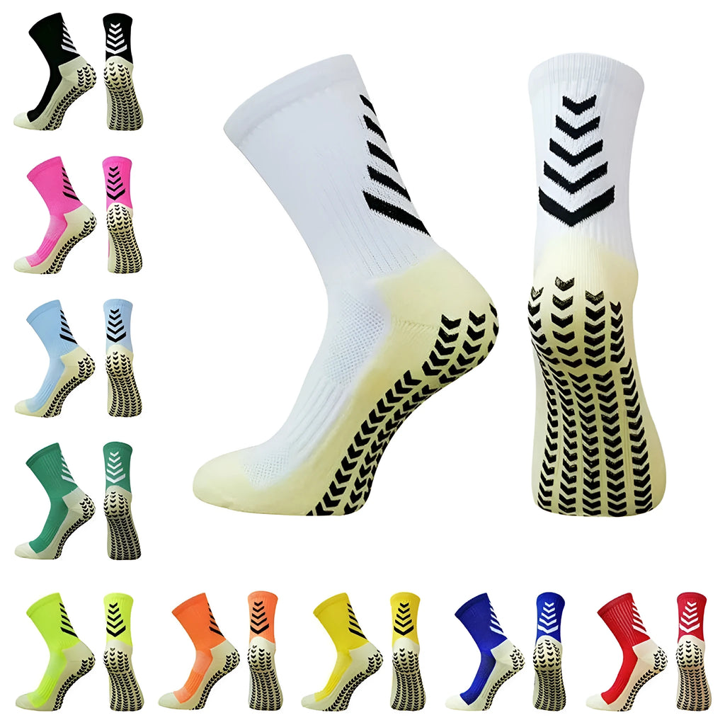 Men's colourful mid-calf athletic socks with a geometric pattern and non-slip silicone soles.