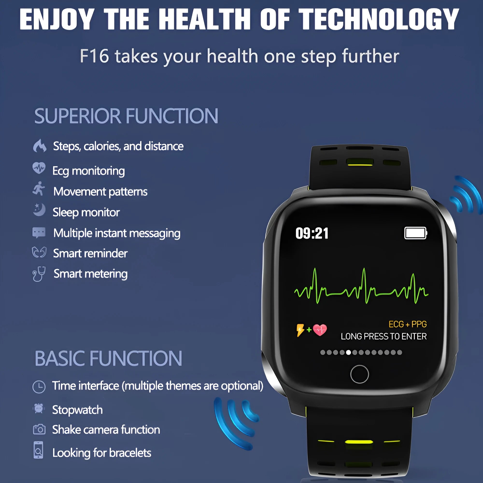 F16 Smart Watch with ECG monitoring on silicone wristband showing black/green, black/grey, and black/red colour options