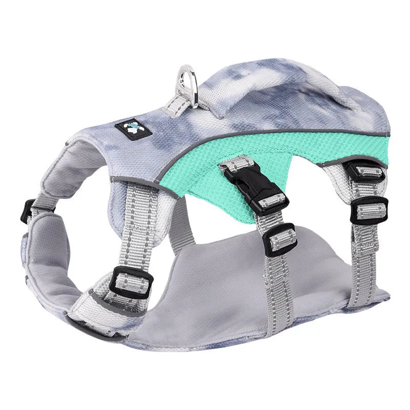 Reflective light blue dog chest strap showing size and polyester material.