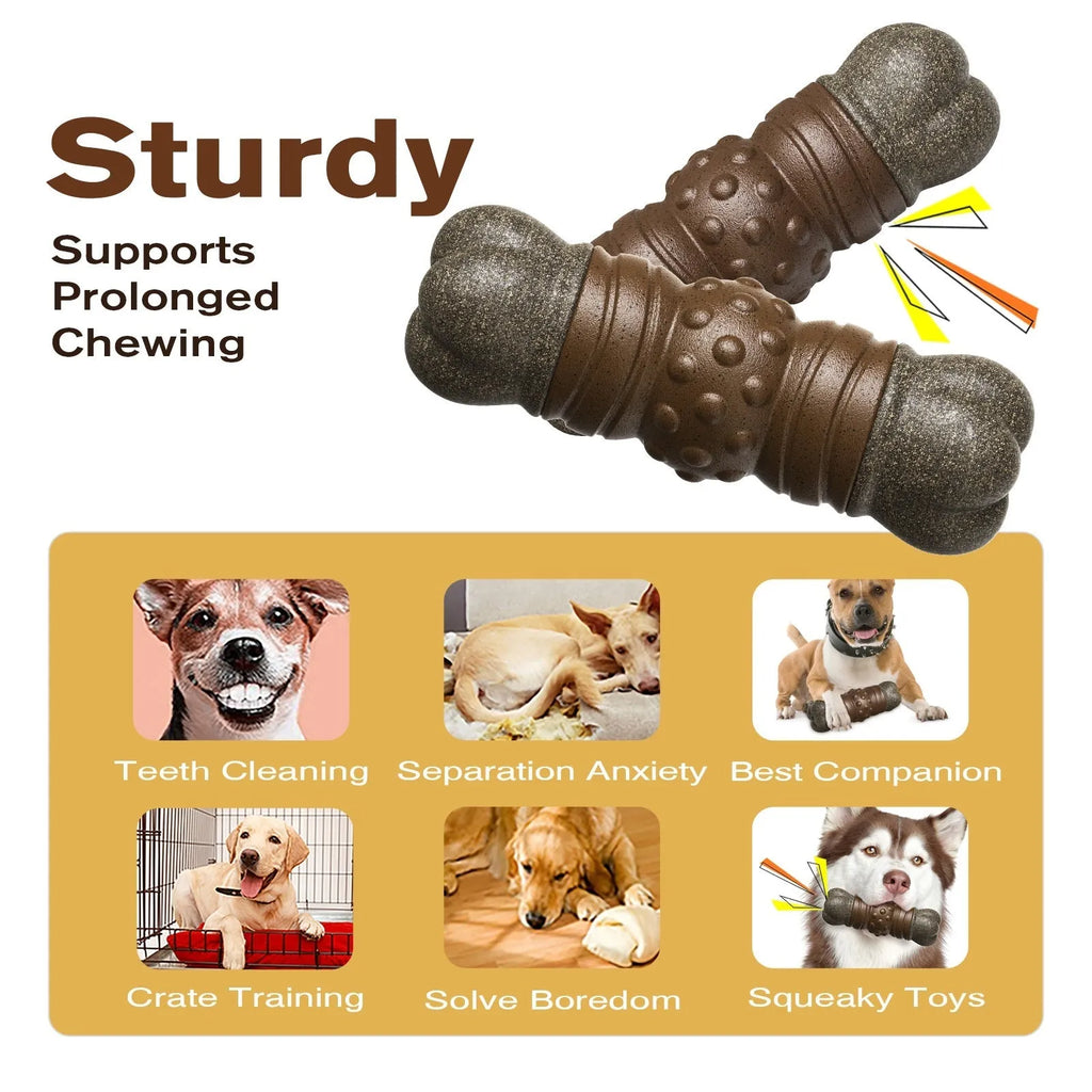 Brown plastic bone-shaped dog chew toy with textured surface for dental cleaning.