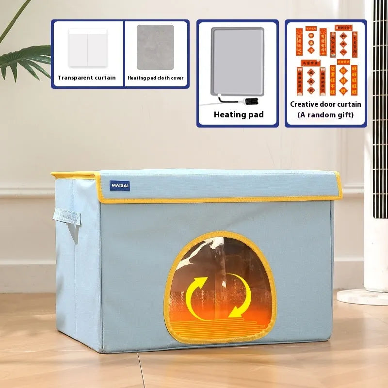 Beige and sky blue heated cat nest dog bed with removable cover in two sizes