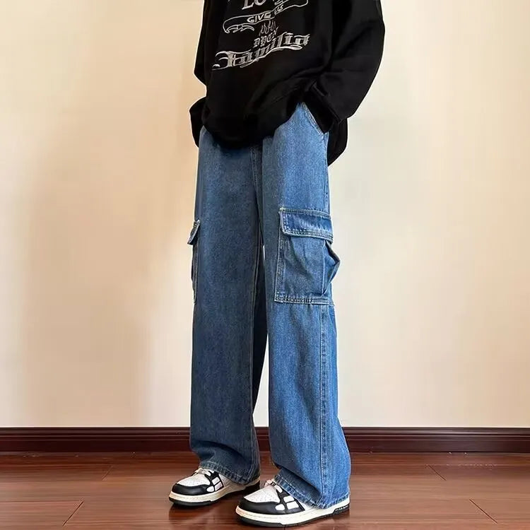 Men's wide-leg loose lace-up jeans in blue Korean style casual denim trousers