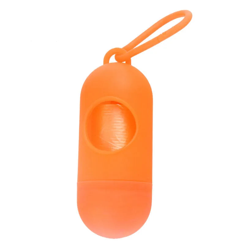 Compact dog poop bag holder with side hook and Velcro base, shown in assorted colours