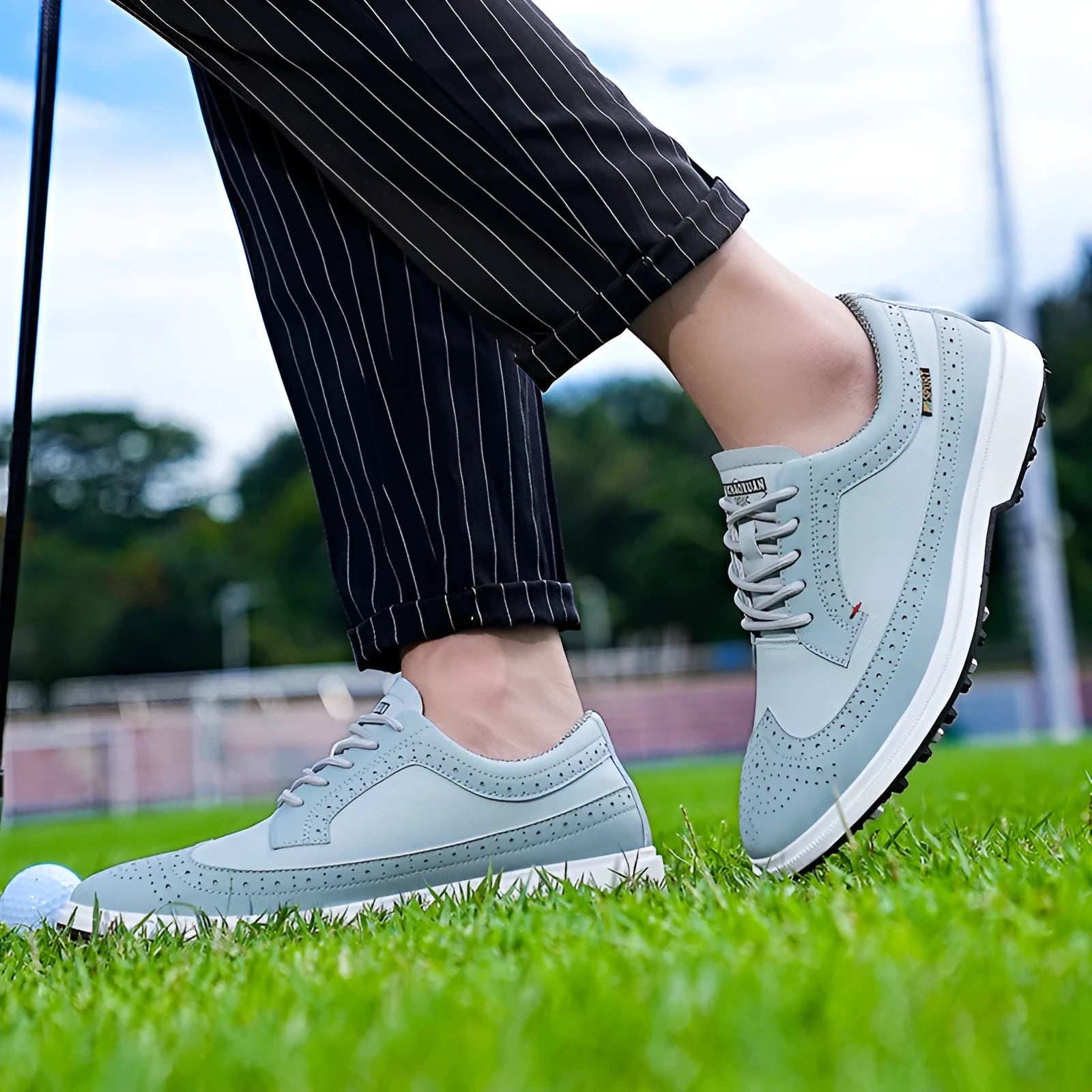 Men's 8669 Lake Blue genuine leather golf shoe with non-slip rubber outsole