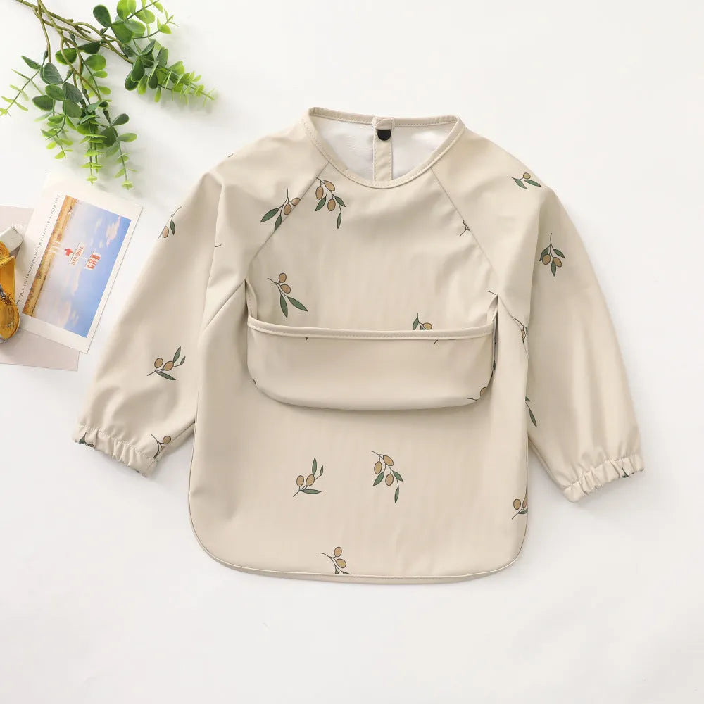 Children's long-sleeved PU upper pocket bib with cartoon pattern, pink dot colour, size S