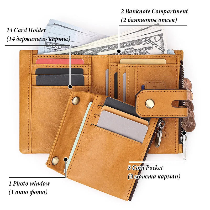 Men's tri-fold genuine leather wallet in brown solid colour with multiple card slots, anti-theft design