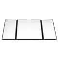Silver folding makeup mirror shown both closed and opened, next to a car sun visor.