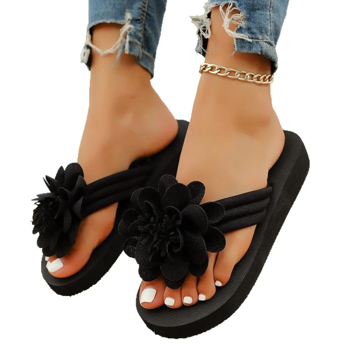 Women's flower flip-flops with EVA sole in solid colours for casual beach wear