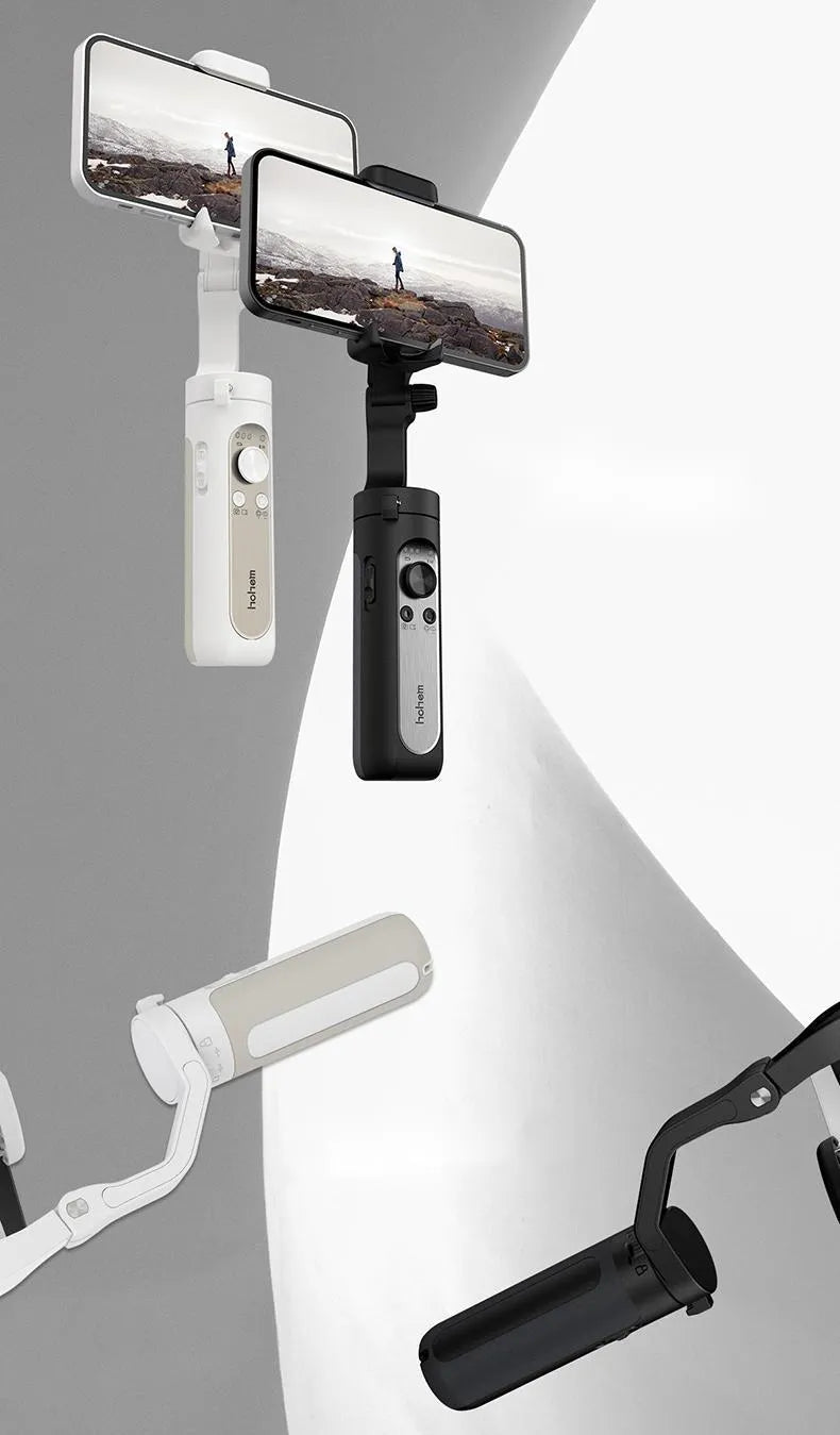 Black 3-axis mobile phone stabilizer gimbal shown in folded position next to a selfie stick.
