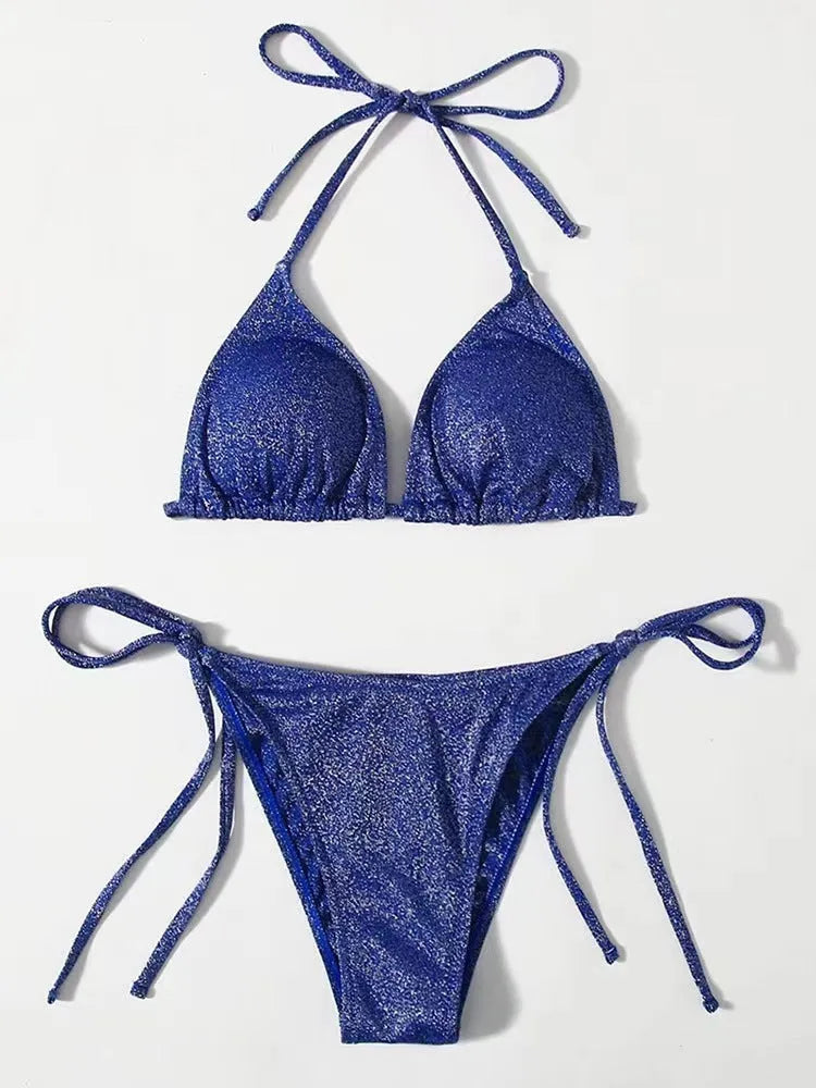 Women's split bandage design bikini swimsuit in polyester fabric with matching top and pants