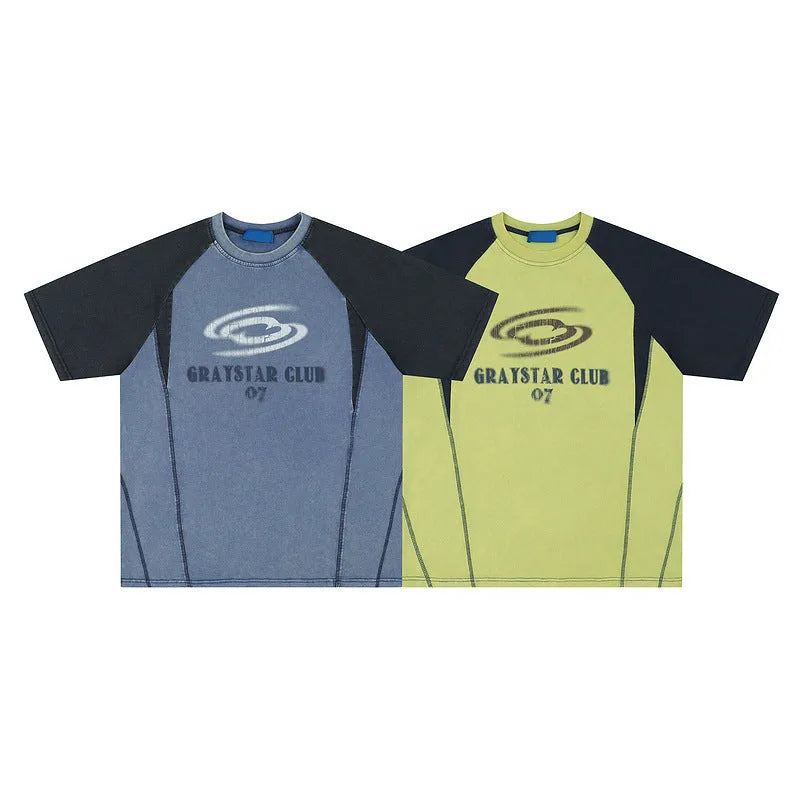 Man's blue hip hop letter print T-shirt with raglan sleeves in a loose fit
