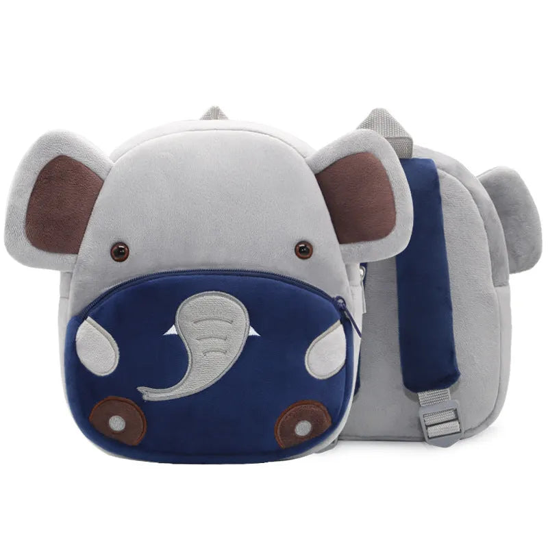 Children's plush animal backpack measuring 26x24x10cm with zipper opening and interior pocket