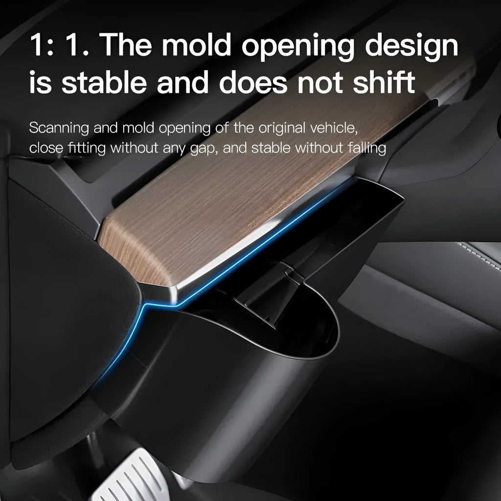 Plastic dashboard cup holder with handle for Tesla Model 3 and Model Y.