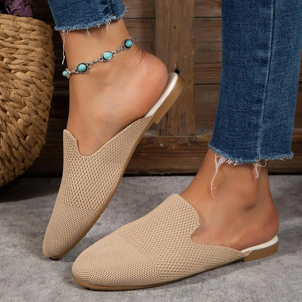 Apricot, blue, and green mesh slip-on sandals with round toe and flat rubber sole.