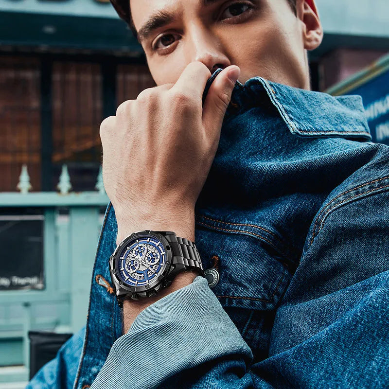 Men's waterproof quartz watch with luminous hands and stainless steel band in three colour variations.