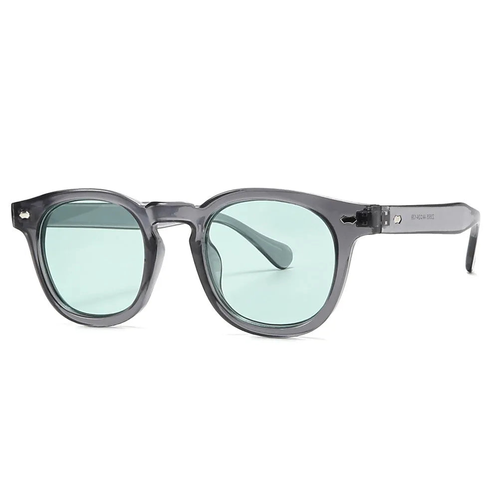 Simple round rim retro sunglasses with plastic frame, shown in bright black and grey lens colour option.