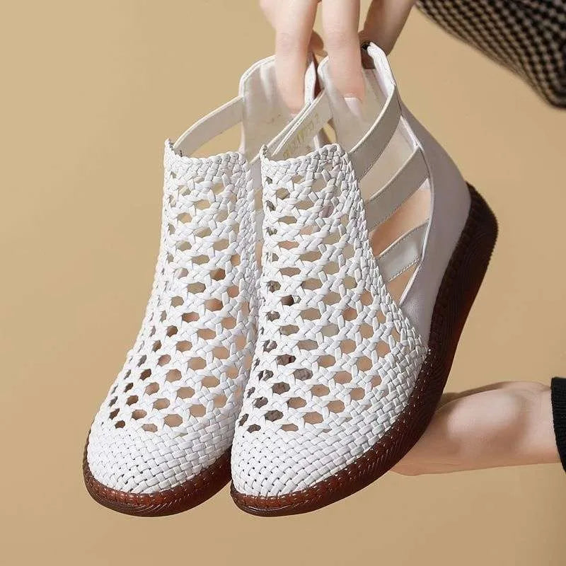 Gold and white women's flat sandals with hollow-out design and soft TPR soles
