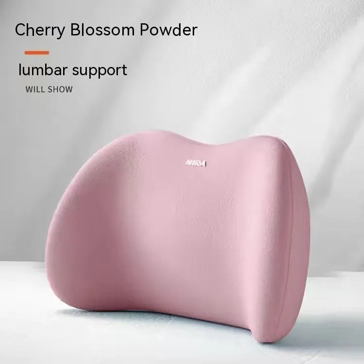 Black memory foam car headrest pillow and matching lumbar support pillow on a car seat.