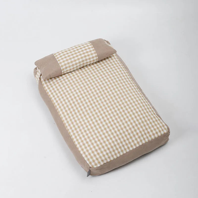 Pet plaid colour matching kennel mattress with removable cover in khaki 60x40cm
