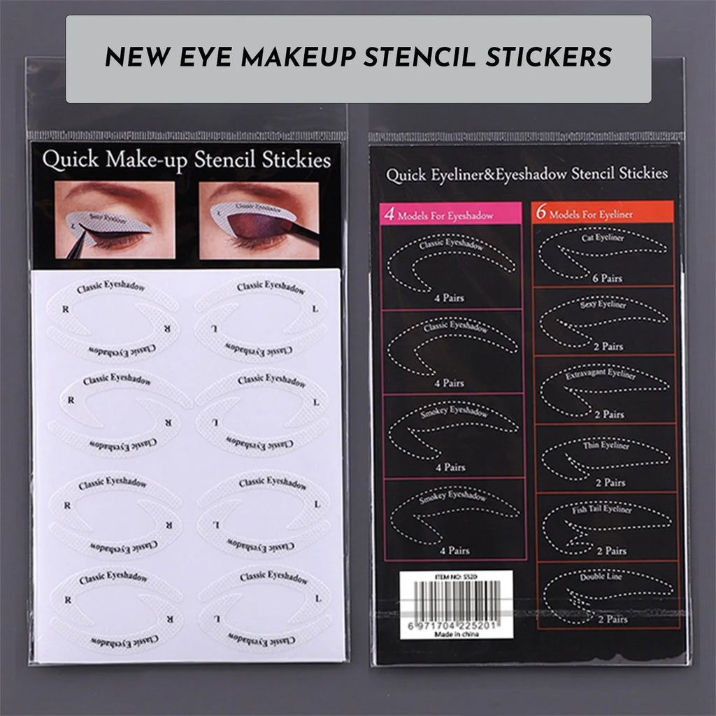Set of four reusable flexible eyeliner and eyeshadow stencil templates on a pink background.