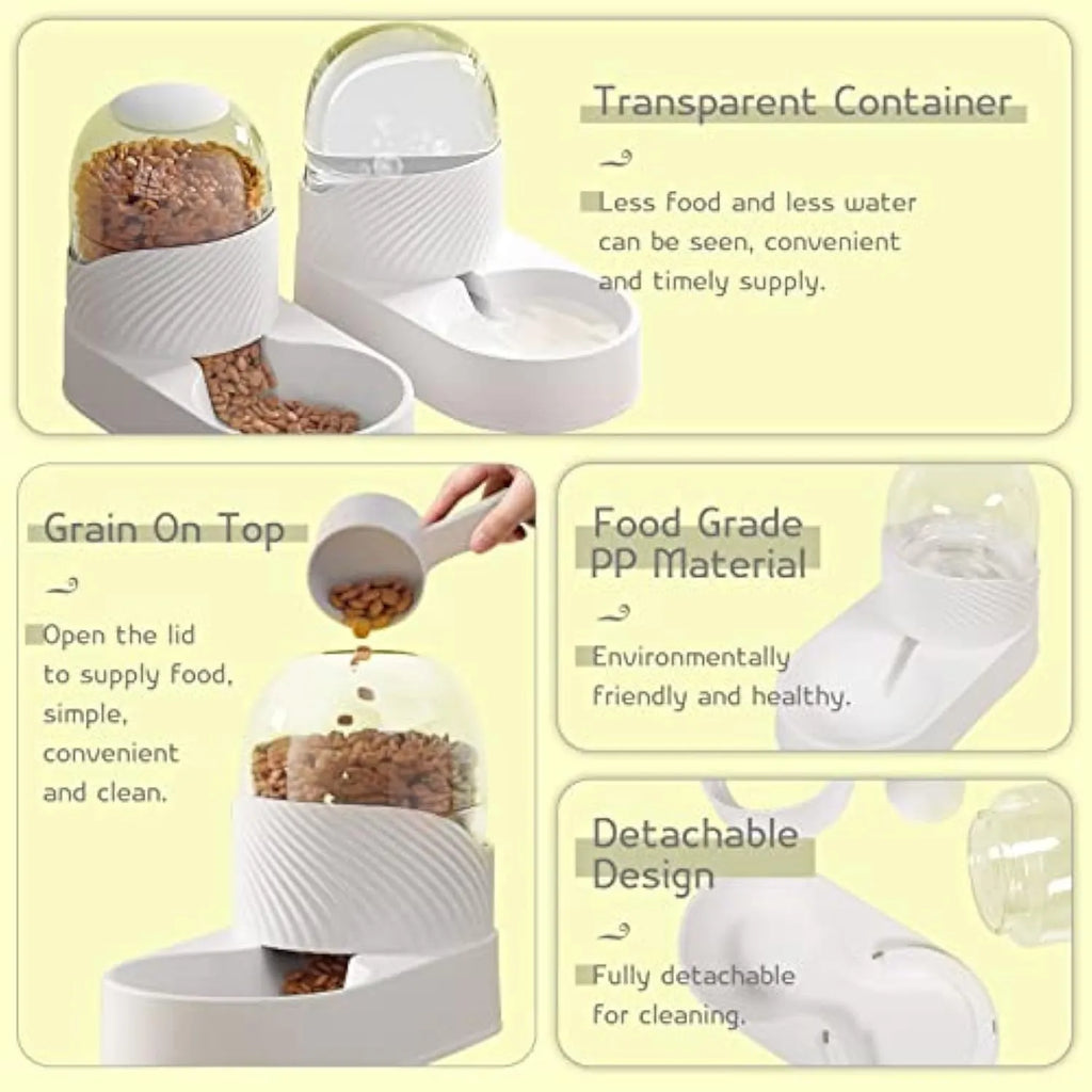 White automatic gravity cat feeder and water dispenser set with wave-shaped design on a table.