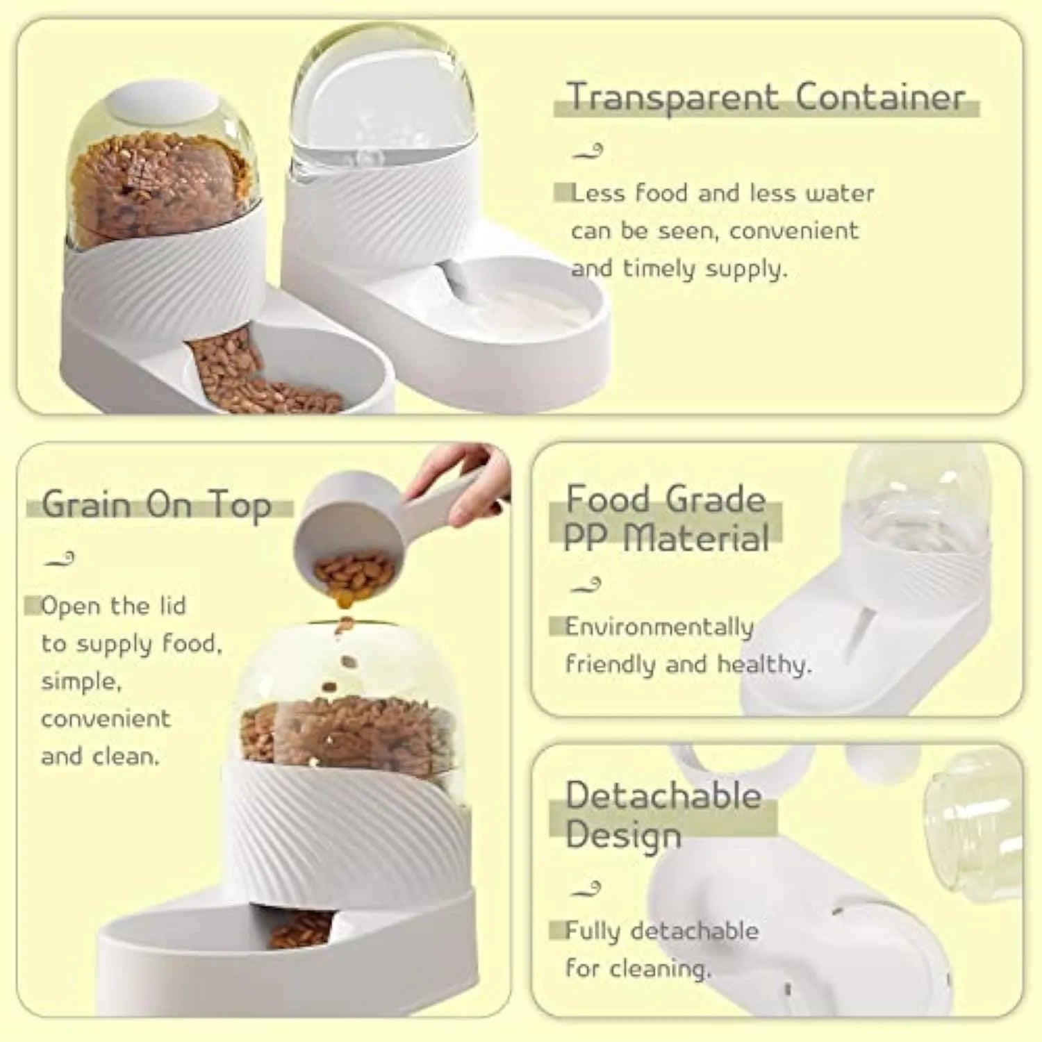White automatic gravity cat feeder and water dispenser set with wave-shaped design on a table.