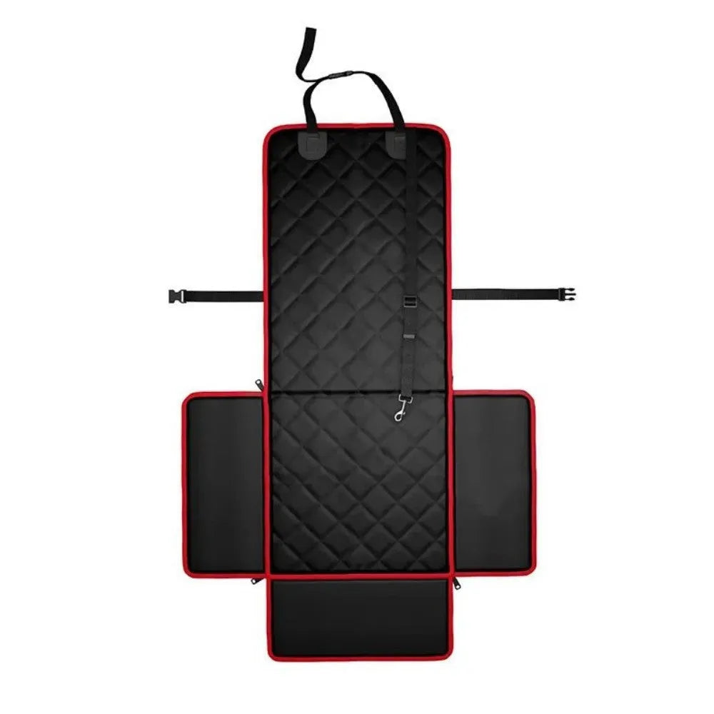 Black car pet seat pad with anti-dirt surface and non-slip base placed on vehicle front seat
